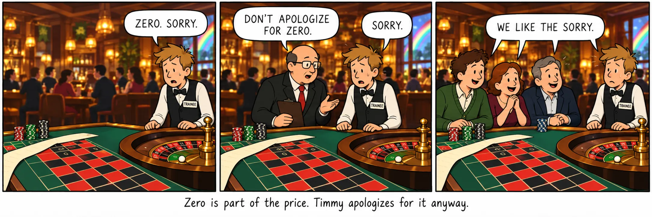 शून्य मूल्यको अंश हो। Timmy त्यसका लागि जे भए पनि माफी माग्छन्।